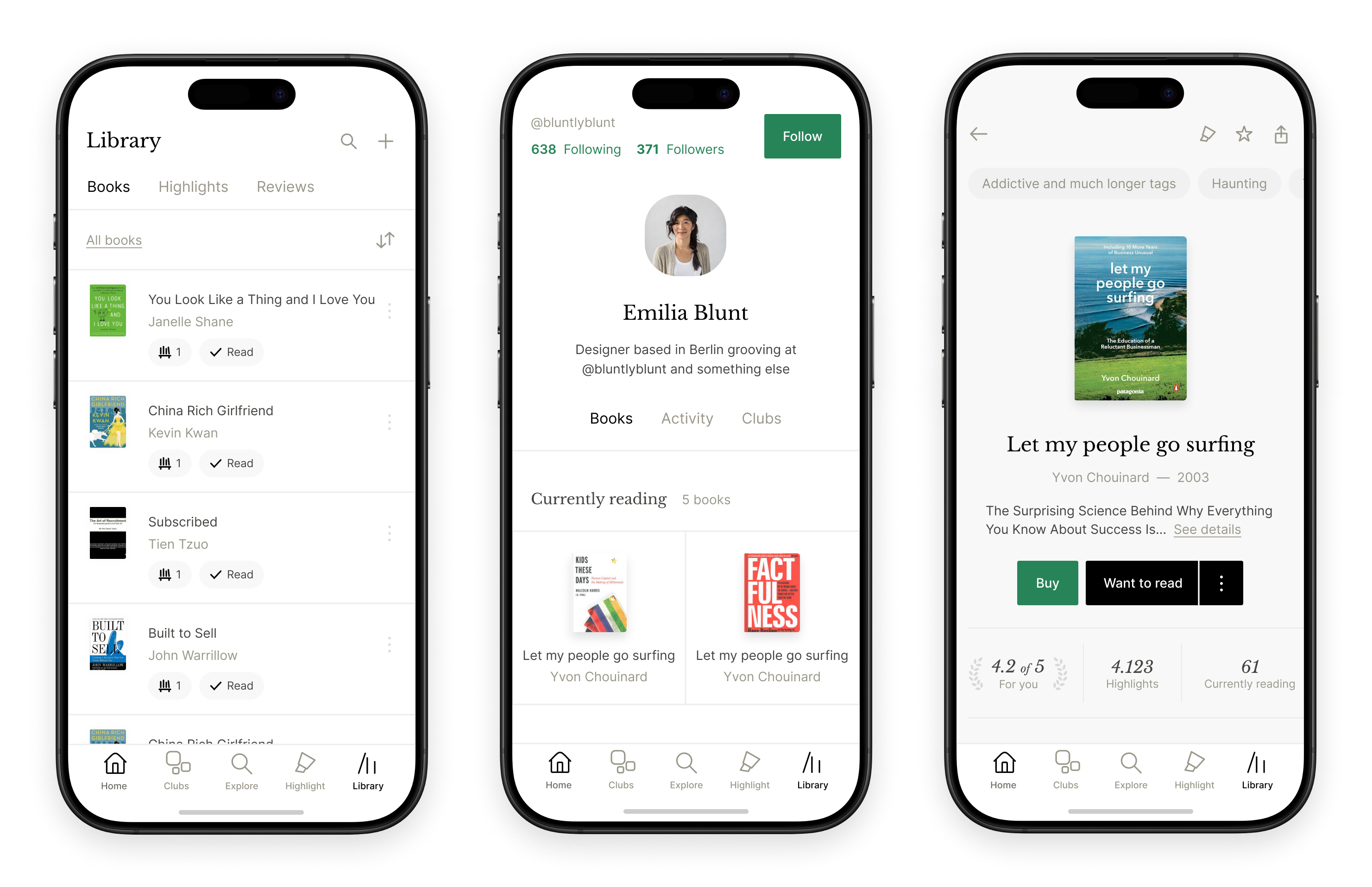 Literal app on iPhone — library, profile, and book detail screens